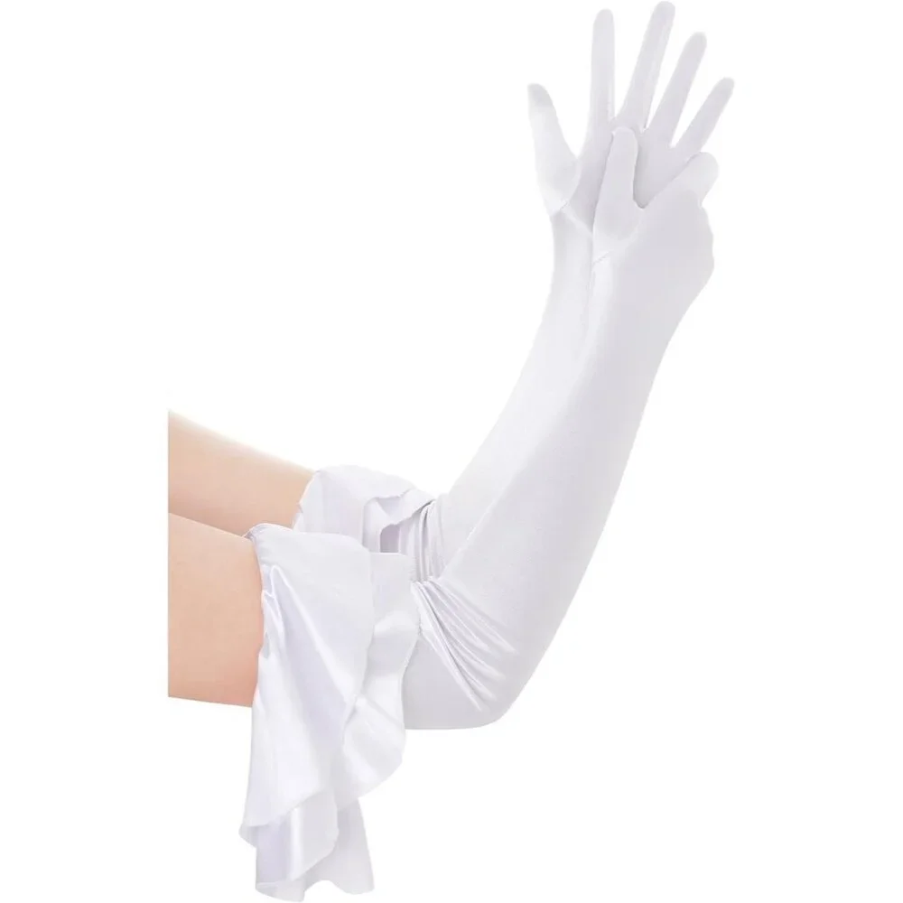 Women's White Long Satin Ruffle Cuff Stretchy Sleeves Gloves Wedding Costume